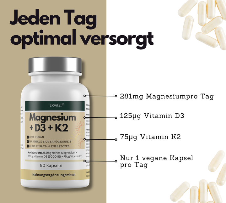 Magnesium + D3 + K2, hochdosiertes Magnesium Komplex, 90 Stück von EXVital