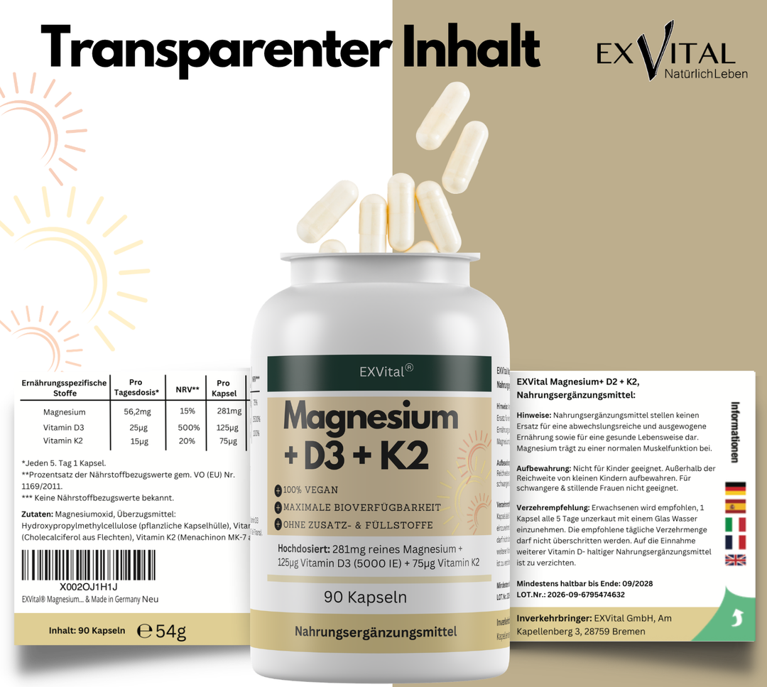 Magnesium + D3 + K2, hochdosiertes Magnesium Komplex, 90 Stück von EXVital