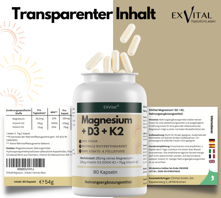 Magnesium + D3 + K2, hochdosiertes Magnesium Komplex, 90 Stück von EXVital