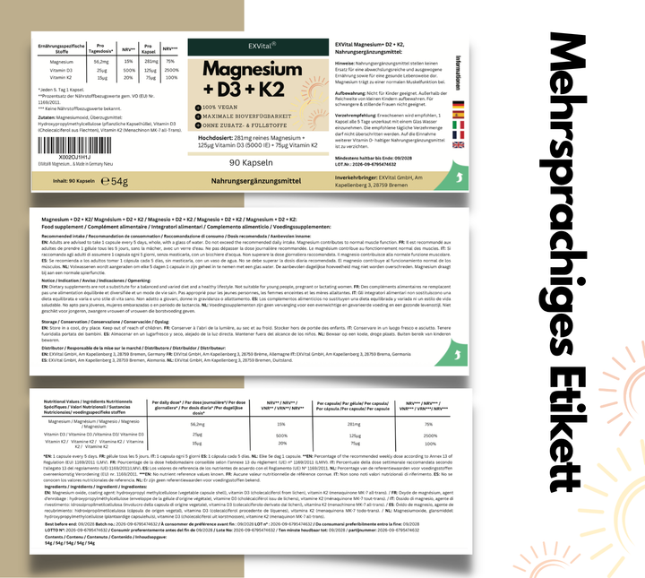 Magnesium + D3 + K2, hochdosiertes Magnesium Komplex, 90 Stück von EXVital