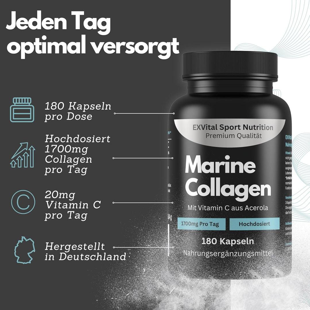 Marine Collagen Kapseln, 1700mg Meereskollagen pro Tag mit Vitamin C von EXVital