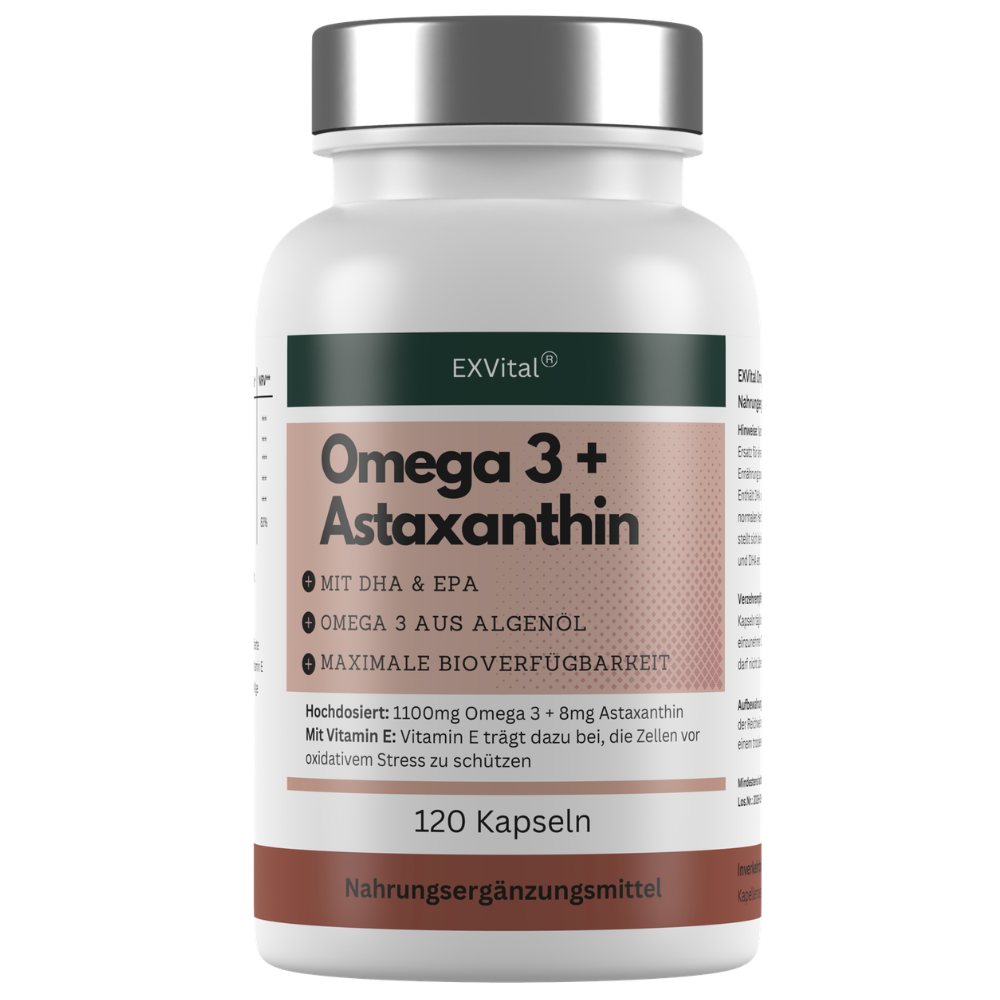 Omega 3 + Astaxanthin mit 600mg DHA &amp; 300mg EPA + 8mg Astaxanthin, 120 Stück von EXVital