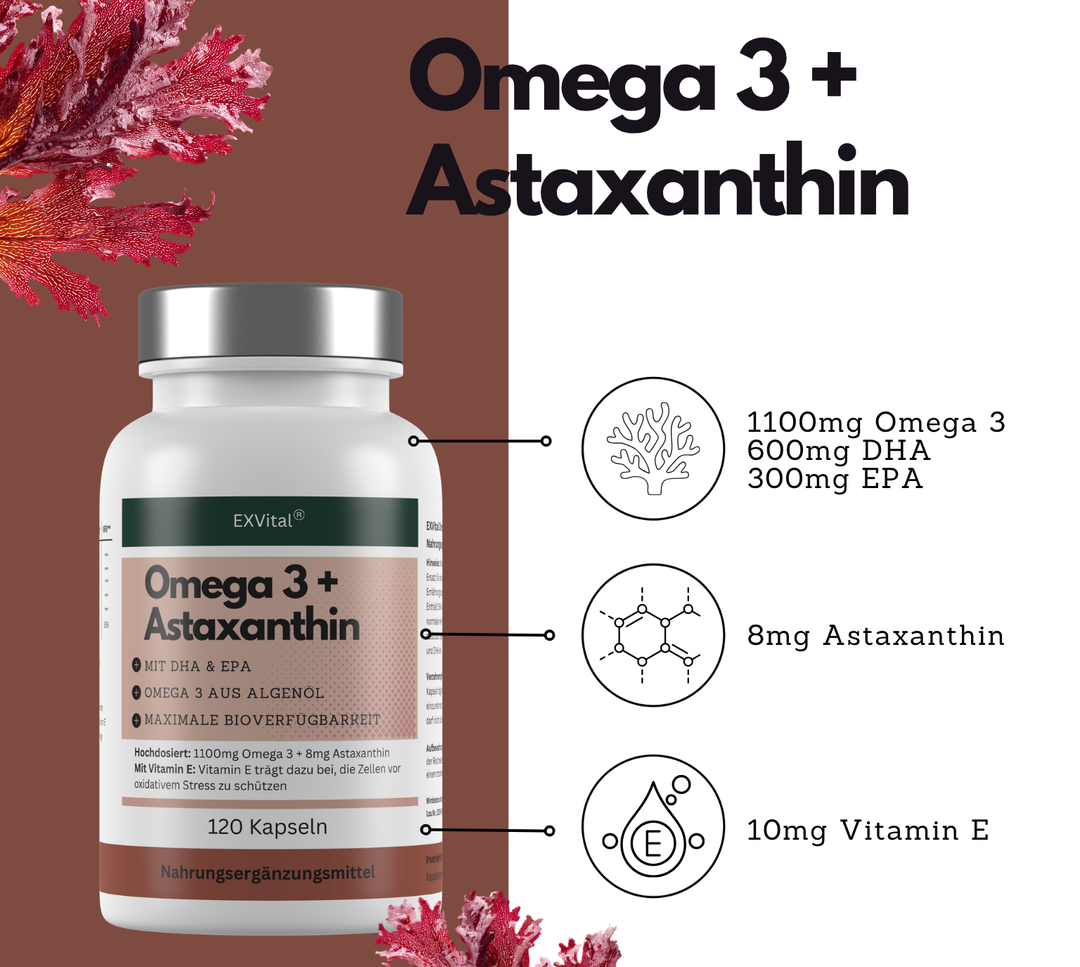 Omega 3 + Astaxanthin mit 600mg DHA &amp; 300mg EPA + 8mg Astaxanthin, 120 Stück von EXVital