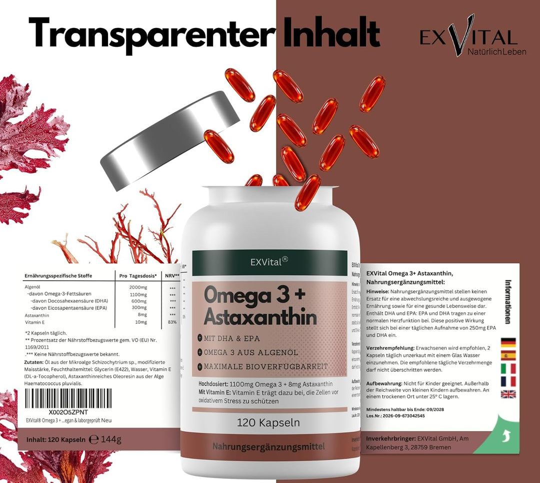 Omega 3 + Astaxanthin mit 600mg DHA &amp; 300mg EPA + 8mg Astaxanthin, 120 Stück von EXVital