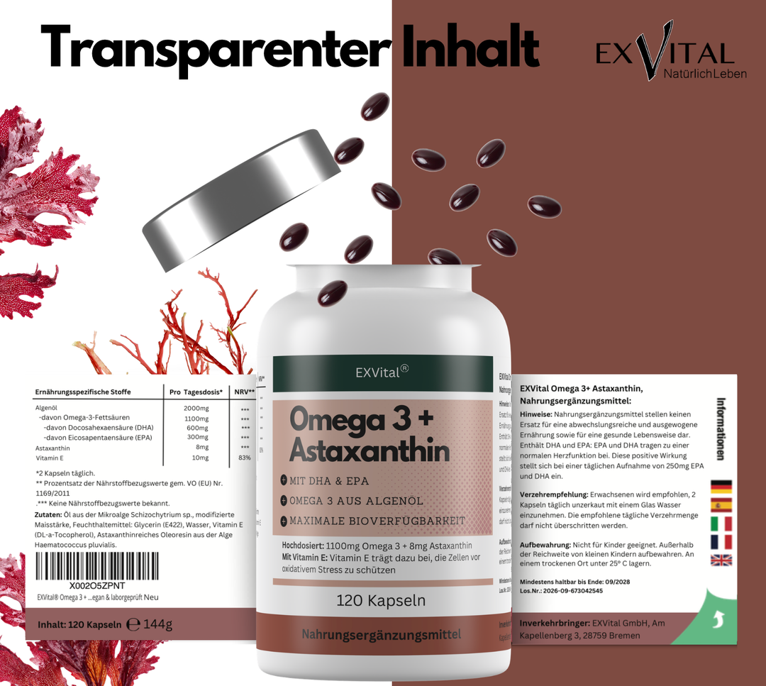 Omega 3 + Astaxanthin mit 600mg DHA &amp; 300mg EPA + 8mg Astaxanthin, 120 Stück von EXVital