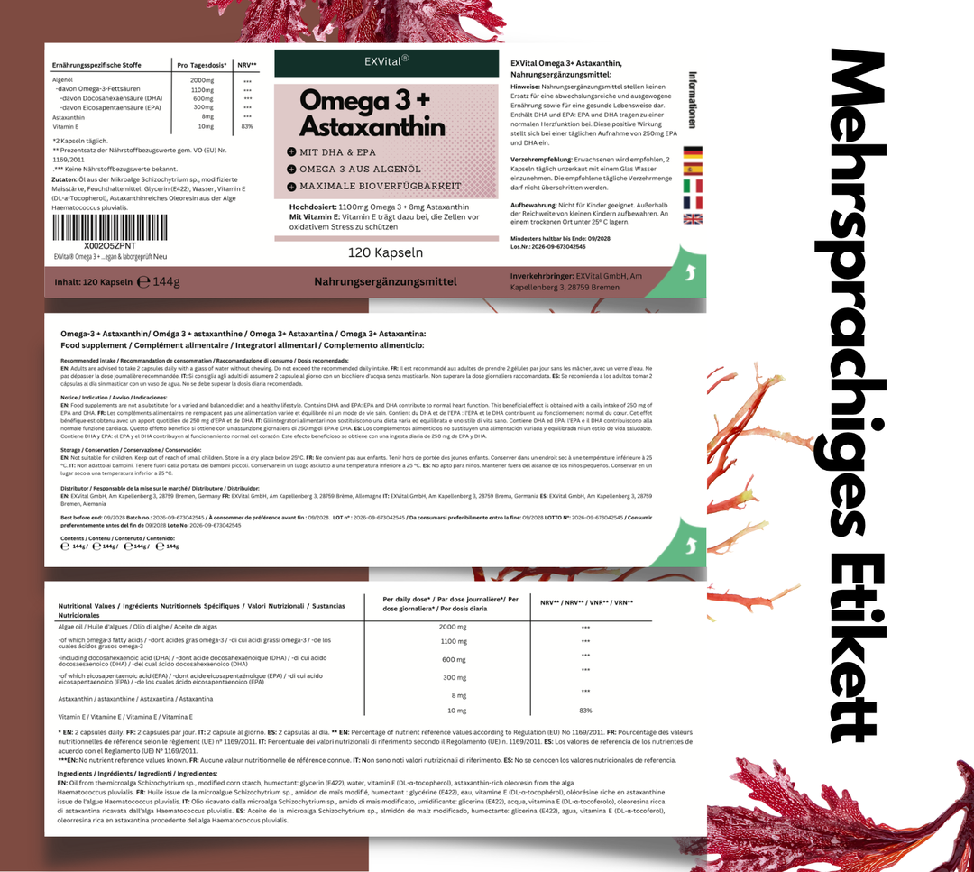 Omega 3 + Astaxanthin mit 600mg DHA &amp; 300mg EPA + 8mg Astaxanthin, 120 Stück von EXVital