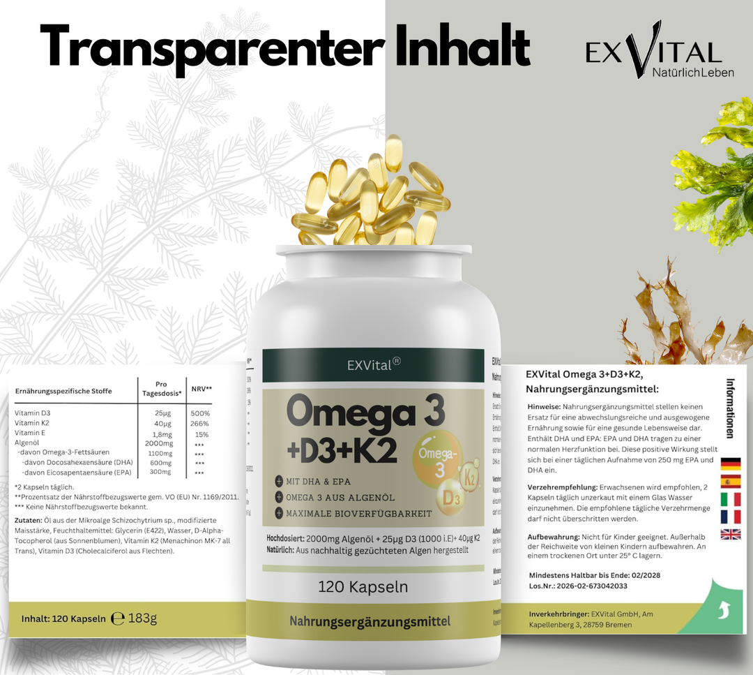 Omega 3 + D3 &amp; K2 Kapseln, 100% vegan aus Algenöl, 120 Stück von EXVital