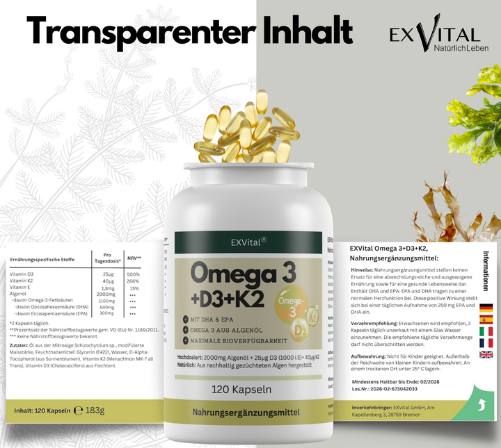 Omega 3 + D3 &amp; K2 Kapseln, 100% vegan aus Algenöl, 120 Stück von EXVital