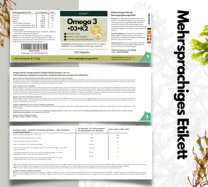 Omega 3 + D3 &amp; K2 Kapseln, 100% vegan aus Algenöl, 120 Stück von EXVital