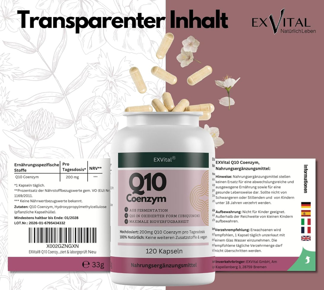 Q10 Coenzym Kapseln, hochdosiert 200mg pro Tag, 120 Stück von EXVital