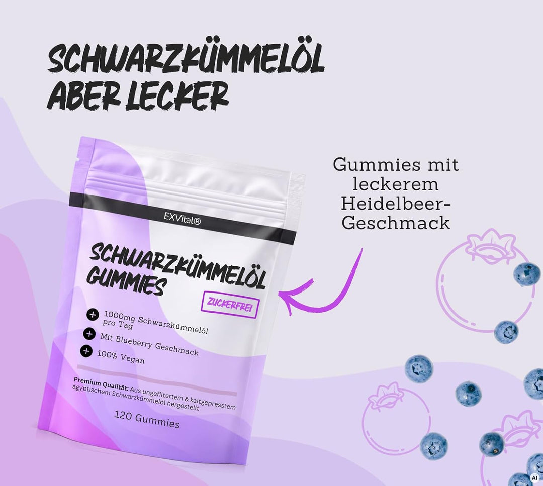 Schwarzkümmelöl Gummies mit Blueberry Geschmack, vegan, hochdosiert &amp; zuckerfrei