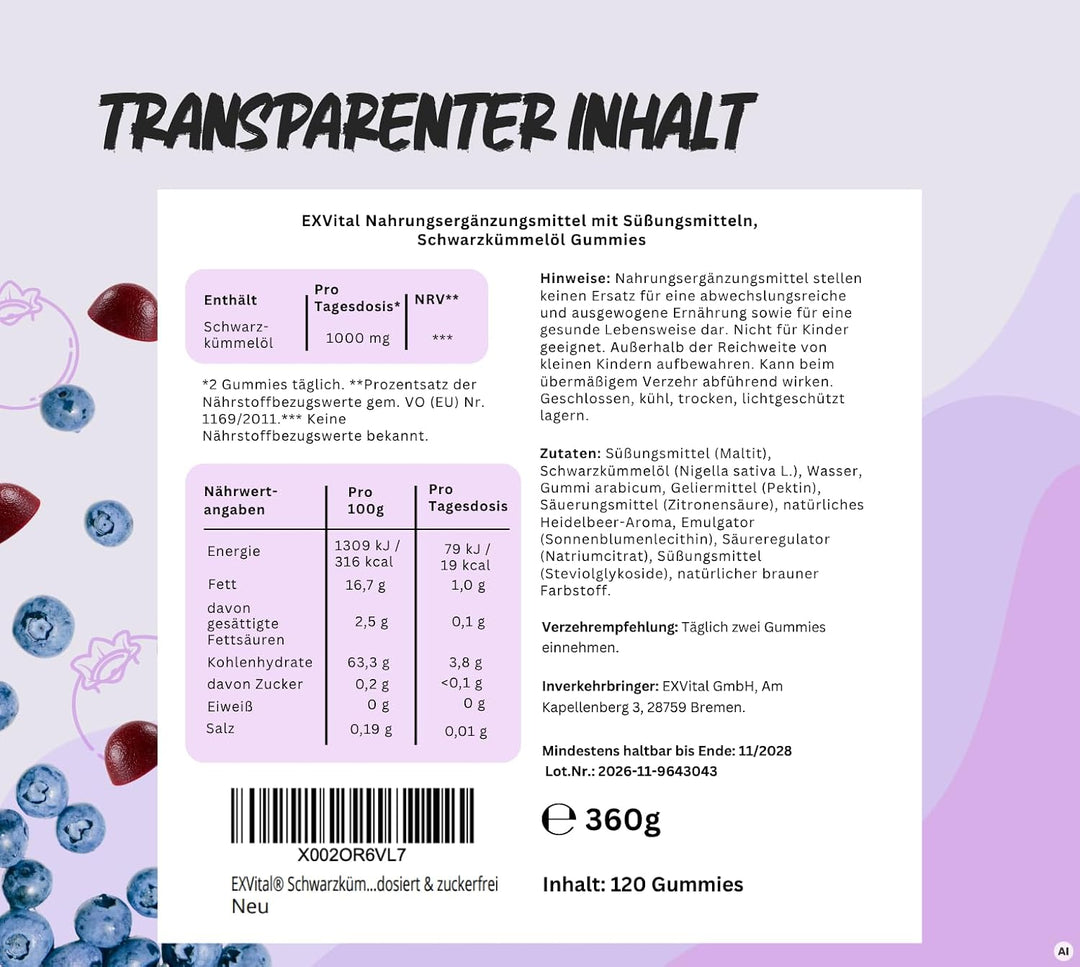 Schwarzkümmelöl Gummies mit Blueberry Geschmack, vegan, hochdosiert &amp; zuckerfrei