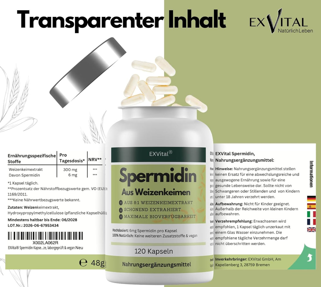 Spermidin Kapseln, 6mg Spermidin pro Kapsel, 120 Kapseln von EXVital