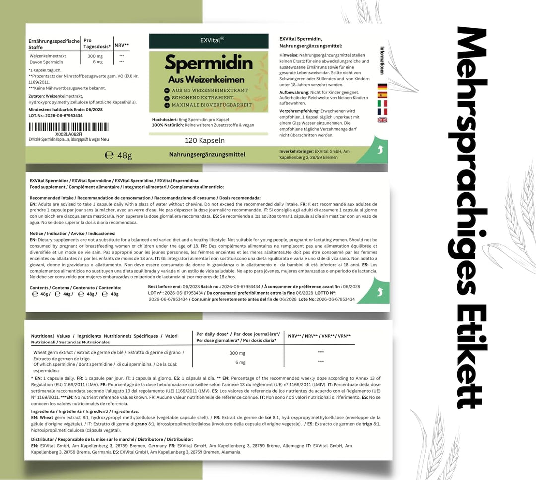 Spermidin Kapseln, 6mg Spermidin pro Kapsel, 120 Kapseln von EXVital