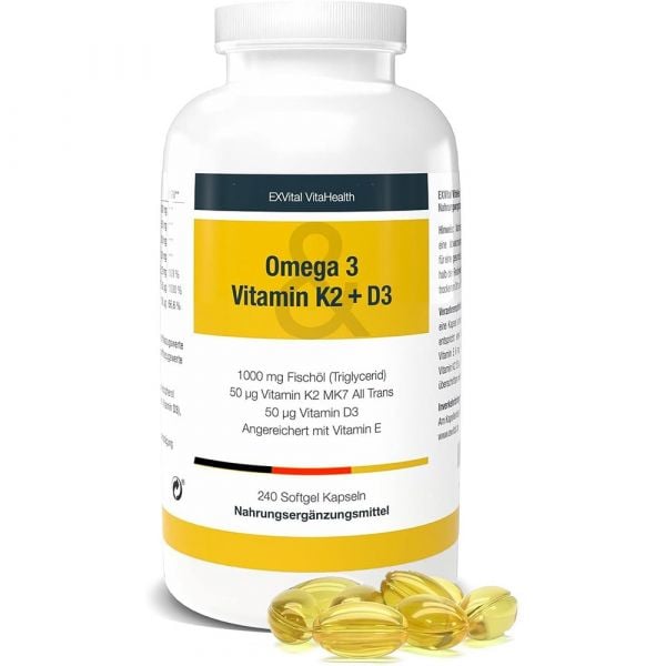 Vitamin O3, D3, K2 Kombiprodukt von EXVital. 1000mg Fischöl, 240 Softgel Kapseln