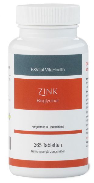Zink Tabletten– 25 mg Zink-Bisglycinat von EXVital Vitahealth, 365 vegane Tabletten