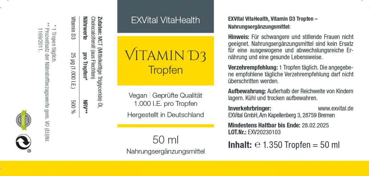 Hochdosiertes Vitamin D3 in veganer Qualität, 50ml Tropfen EXVital