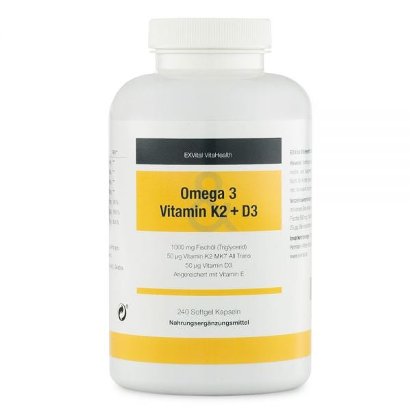 Vitamin O3, D3, K2 Kombiprodukt von EXVital. 1000mg Fischöl, 240 Softgel Kapseln