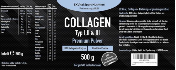 Collagen Pulver 500 Gramm, Bioaktives Kollagen von EXVital
