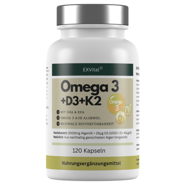 Omega 3 + D3 & K2 Kapseln, 100% vegan aus Algenöl, 120 Stück von EXVital