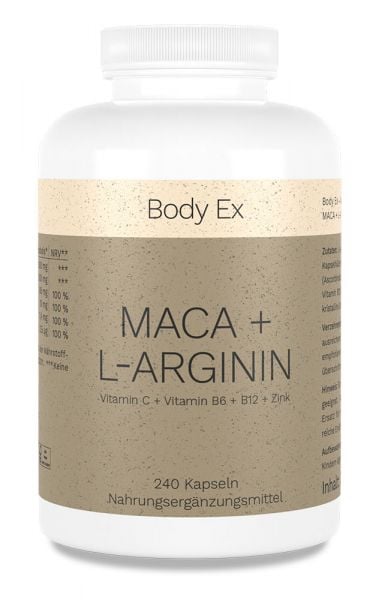 Maca 4000mg + L-Arginin. Mit Vitamin C,B6,B12 & Zink, 240 Kapseln von Body Ex ©