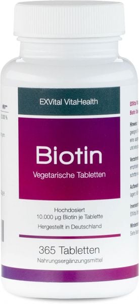 Biotin für Haare, Haut und Fingernägel hochdosiert von EXVital VitaHealth, 365 Tabletten